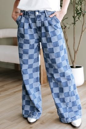 Solid Color Checkered Denim Wide Leg Jeans