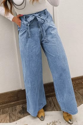 High Waisted Wide Leg Belted Jeans