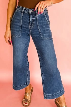 Blue Cropped High Rise Wide Leg Jeans