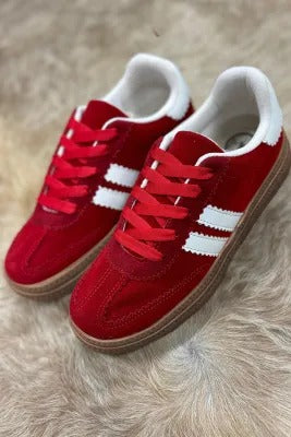 Fiery Red Vintage Striped Patchwork Lace-up Flat Shoes